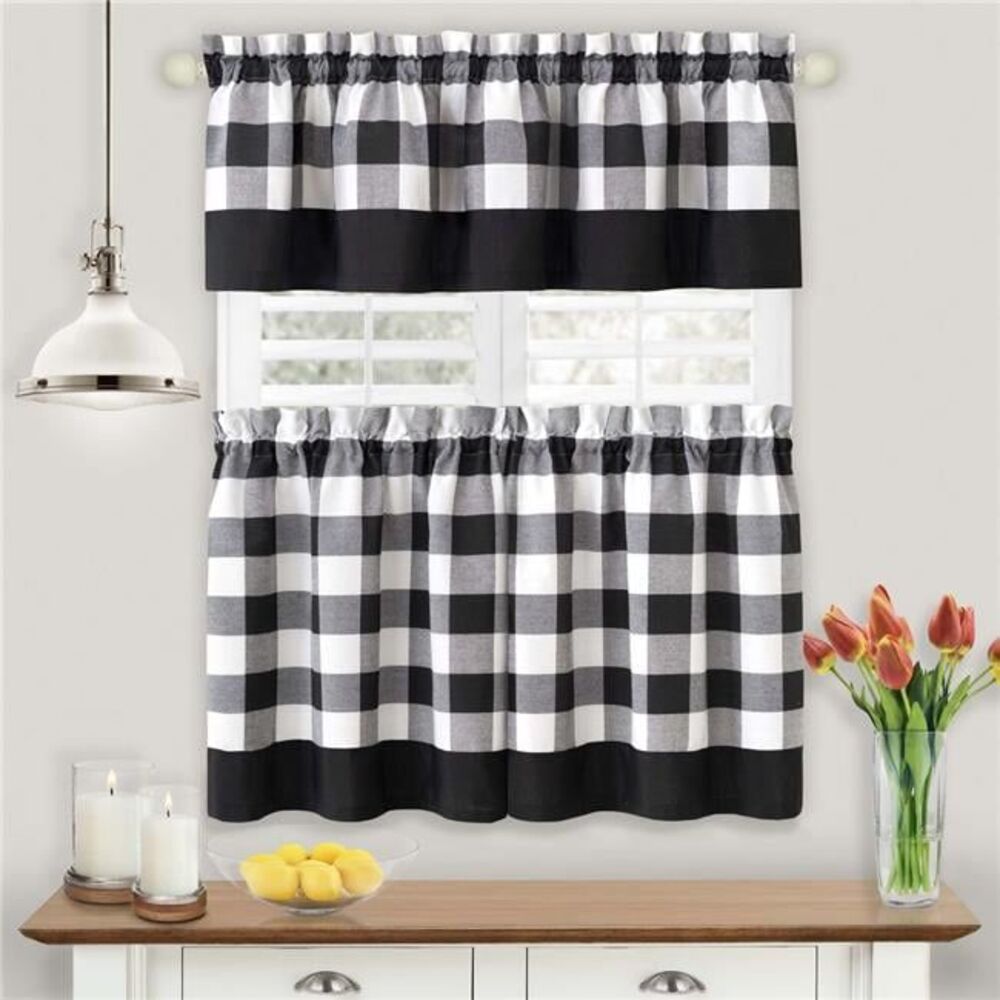 57 x 24 in. Hunter Rod Pocket Window Curtain Tier & Valance Set, Black